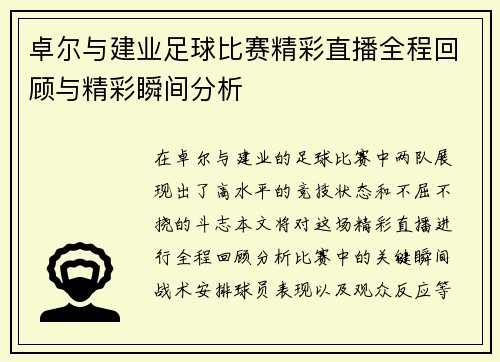 卓尔与建业足球比赛精彩直播全程回顾与精彩瞬间分析